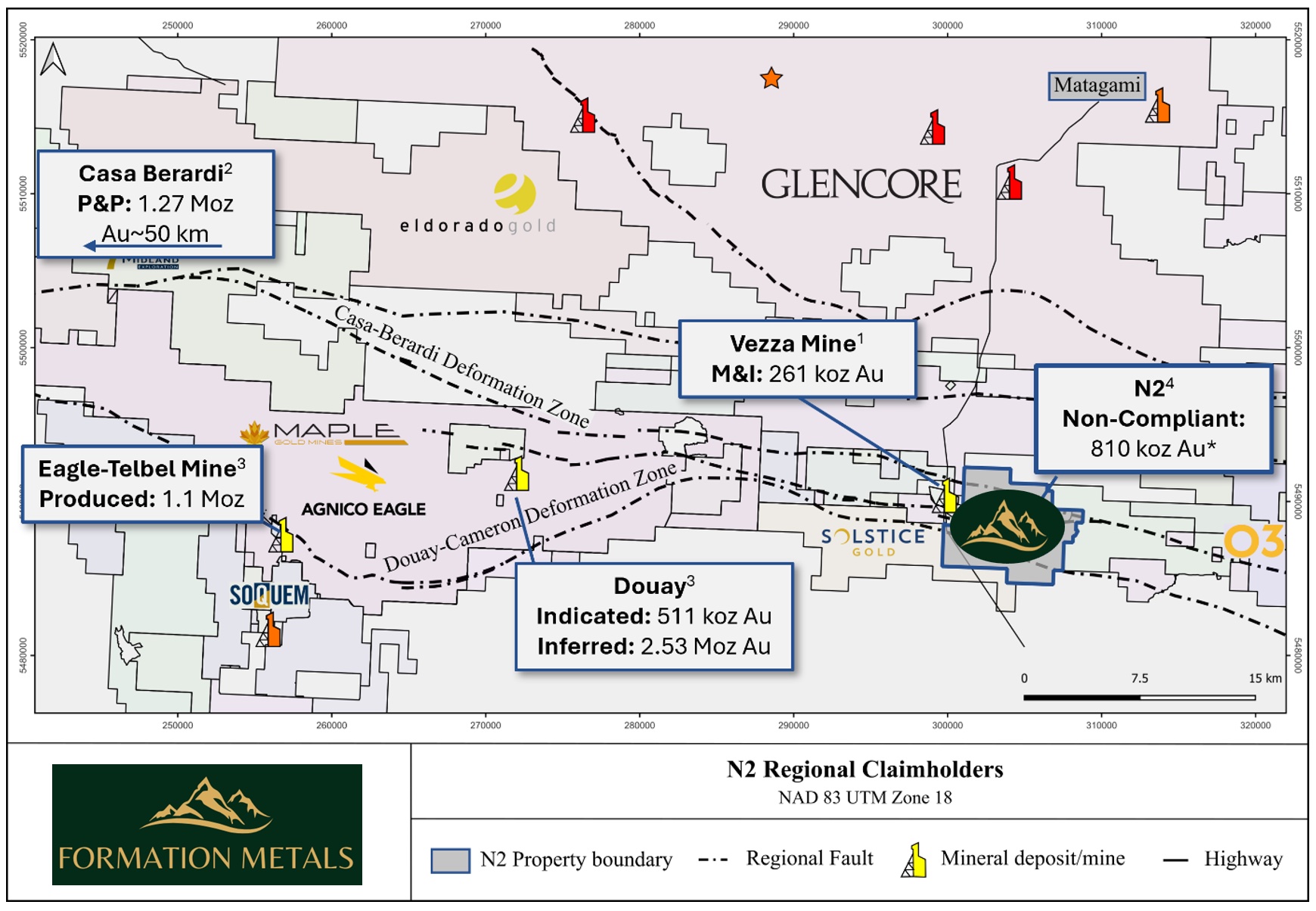Figure 2 - Regional claim ownership along the Casa-Berardi trend; 1: Maudore Minerals Ltd. MRE, 2012; 2. Hecla Mining Company Technical Report, 2024; 3. Maple Gold Mine NI-43-101, 2022; 4. Historic Cyprus MRE, 1994