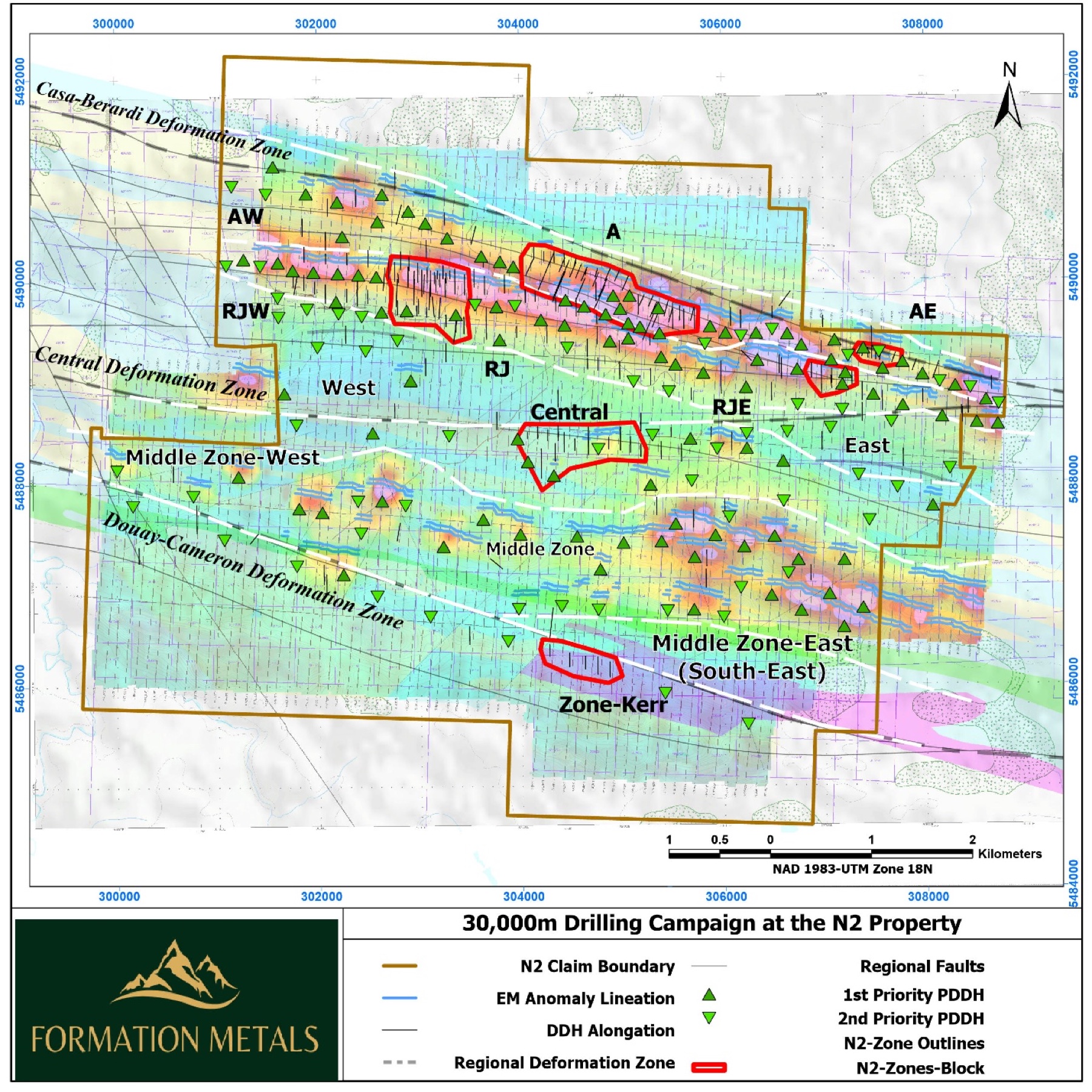 Figure 2 - Property overview summarizing historical work completed at each of the six mineralized zones and their respective historical resource.