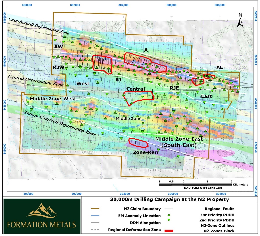 Figure 8 - Property overview summarizing historical work completed at each of the six mineralized zones and their respective historical resource.
