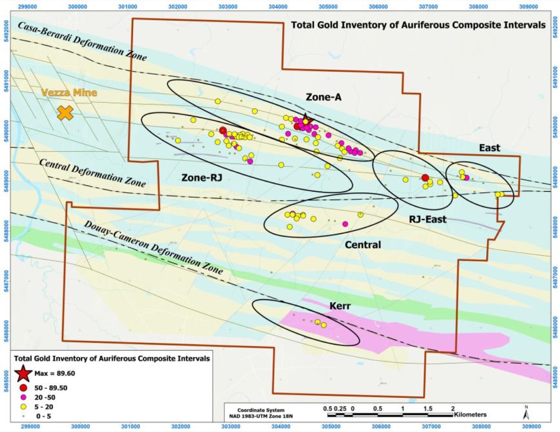 Figure 4 - Property overview summarizing historical work completed at each of the six mineralized zones and their respective historical resource.